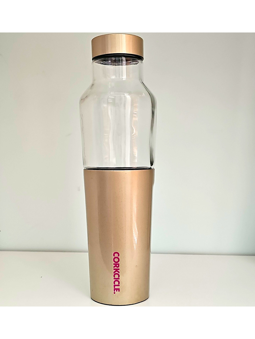 Corkcicle Glass Water Bottle w/ Cup Base, Twist Lid 20 oz Clear/Rose Gold